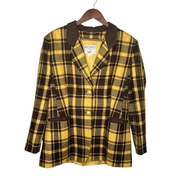 Vintage Mondi Mustard Plaid Blazer Jacket With Suede Elbow Patches